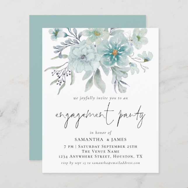 Papier Budget Turquoise Florals blancs Engagement Invitat (Devant / Derrière)