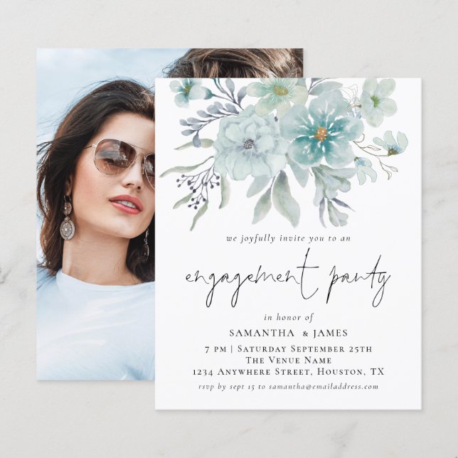 Papier Budget Turquoise Florals Photo Engagement Invitati (Devant / Derrière)