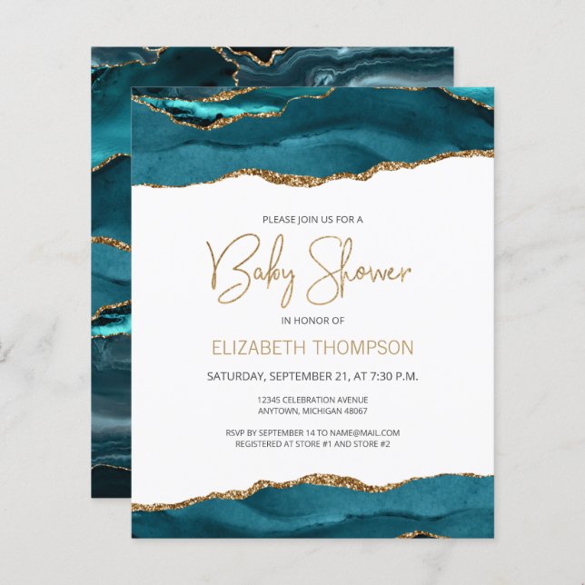Papier Budget Turquoise Gold Agate Baby shower Invitation (Devant / Derrière)