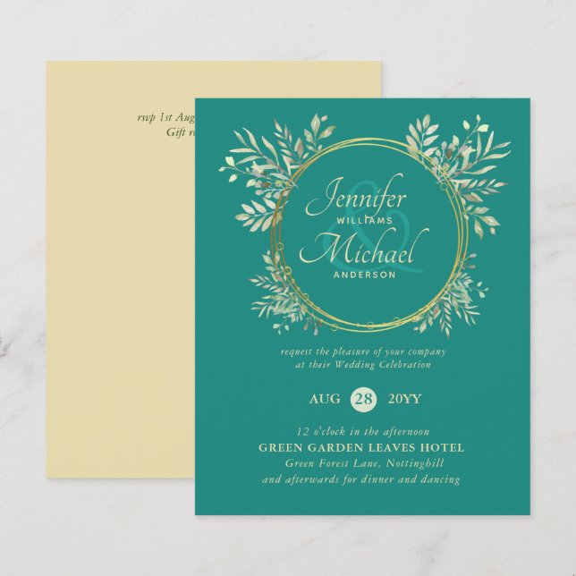 Papier BUDGET Turquoise Gold Greenery Wreath Wedding Invi (Devant / Derrière)