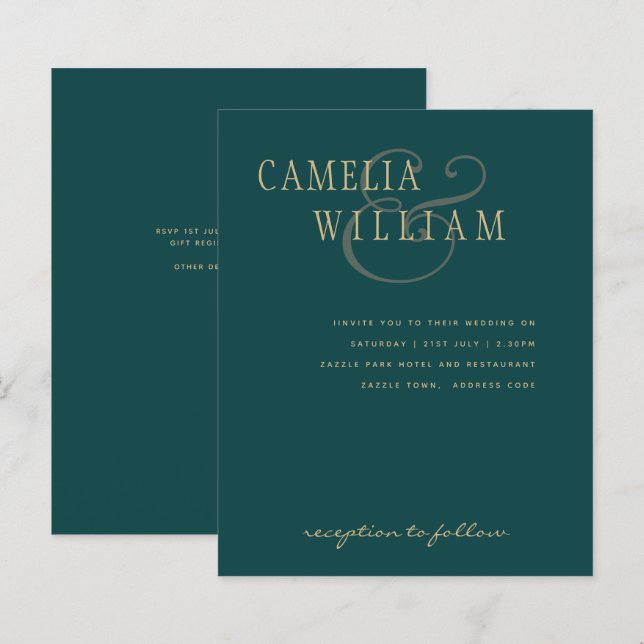 Papier BUDGET Turquoise Green Gold Ampersand Mariage Invi (Devant / Derrière)