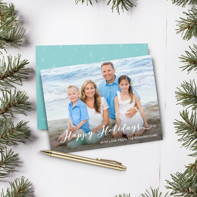 Papier Budget Turquoise Joyeux Joyeux Vacances Photo manu (Budget Teal Happy Holidays Handwritten Photo Christmas Card)