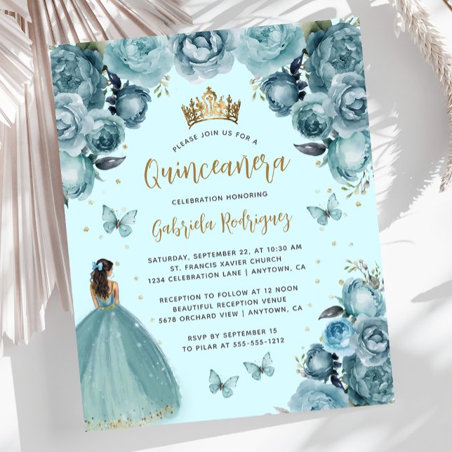Papier Budget Turquoise Or Floral Princesse Quinceañera (Créateur téléchargé)