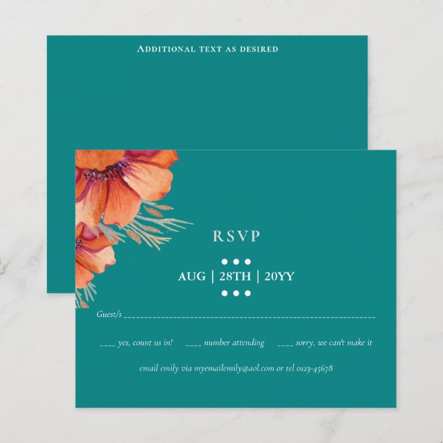 Papier BUDGET Turquoise Orange Floral Mariage RSVP (Devant / Derrière)