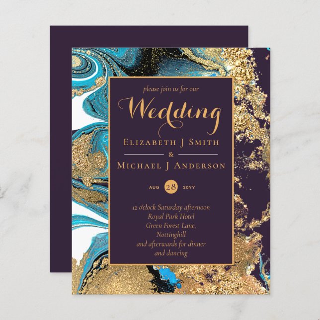 Papier BUDGET Turquoise Purple Gold Agate Mariage Invitat (Devant / Derrière)