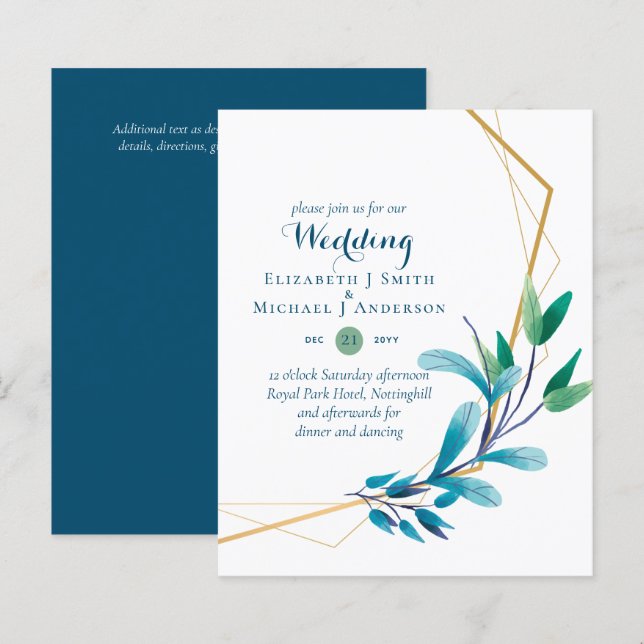 Papier BUDGET Turquoise Purple Gold Wreath Wedding Invita (Devant / Derrière)