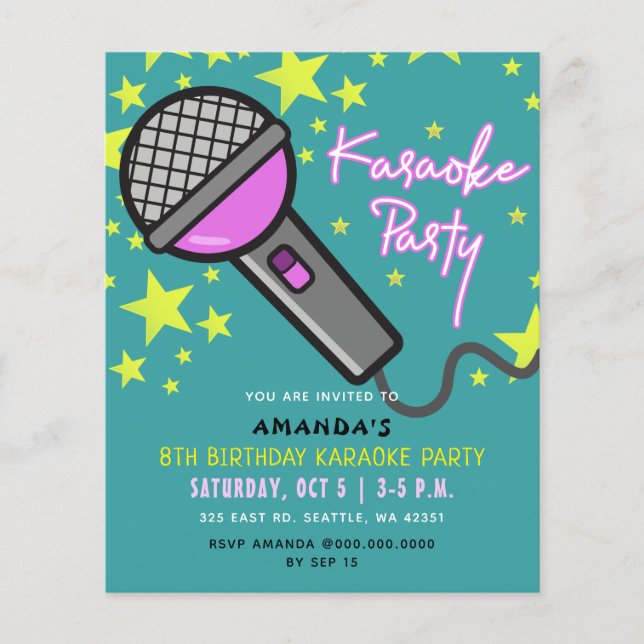 Papier Budget Turquoise Purple Kids Karaoke Party Invitat (Devant)