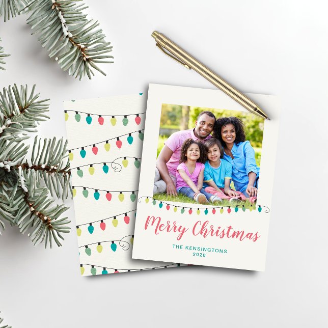 Papier Budget Turquoise rose feux de Noël (Budget Teal Pink Christmas Lights Holiday Photo Card)