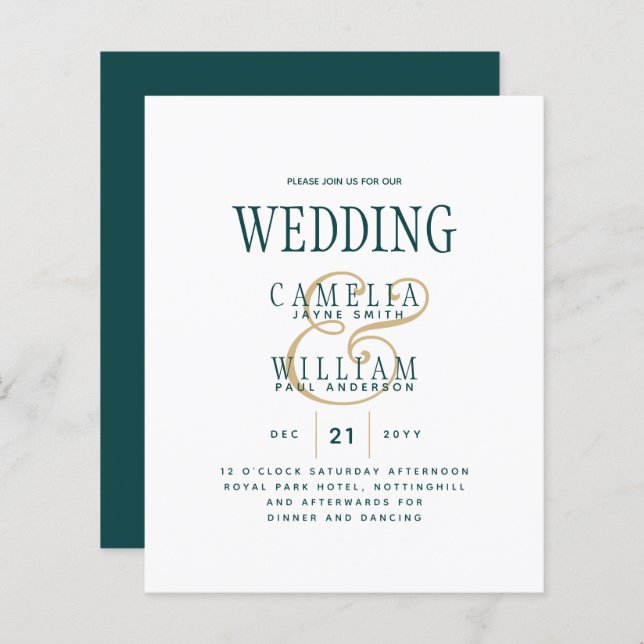 Papier BUDGET TURQUOISE Vert or Mariage monochrome (Devant / Derrière)