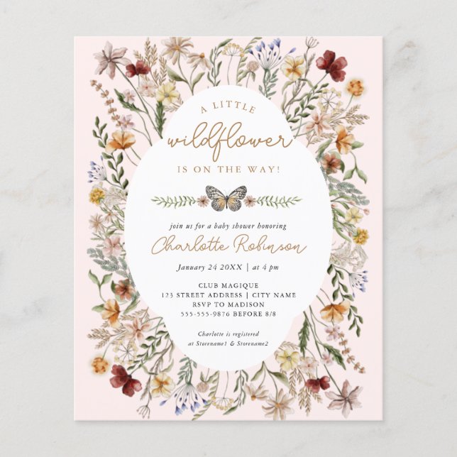Papier Budget Un Petit Baby shower Fleur sauvage Invitati (Devant)