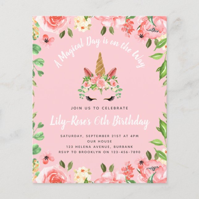 Papier BUDGET Unicorn Face Floral Anniversaire Invitation (Devant)