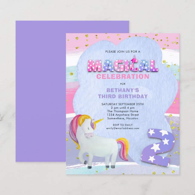 Papier Budget Unicorn Magique 3ème anniversaire Invitatio (Devant / Derrière)