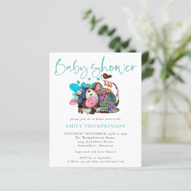 Papier Budget Vache neutre Baby shower Turquoise Invitati (Debout devant)