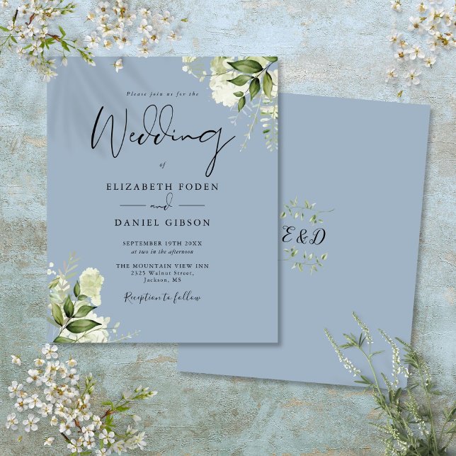 Papier Budget Verdure Dusty Blue Faire-part de mariage (Budget Greenery Dusty Blue Wedding Invitation)