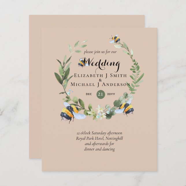 Papier BUDGET Verdure Eucalyptus Bees Mariage Invite (Devant / Derrière)