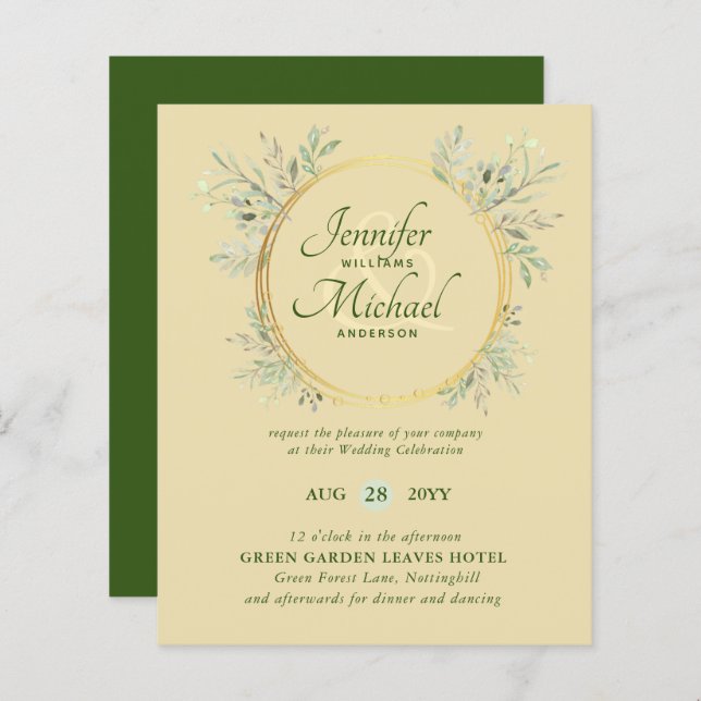 Papier BUDGET Verdure Wreath Green Gold Wedding Inviter (Devant / Derrière)