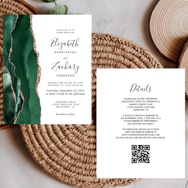 Papier Budget Vert Agate Rose Gold QR Code Mariage (Créateur téléchargé)