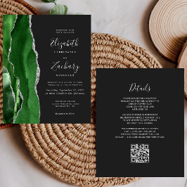 Papier Budget vert Argent Agate Dark QR Code Mariage