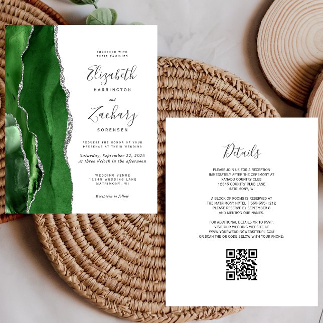 Papier Budget Vert Argent Agate QR Code Mariage Invitatio (Créateur téléchargé)