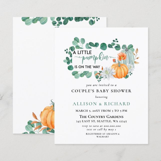 Papier Budget vert Citrouille Baby shower Invitation (Devant / Derrière)
