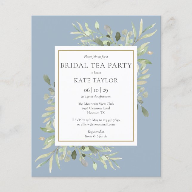 Papier Budget Vert Dusty Blue Bridal Tea Party Invitation (Devant)