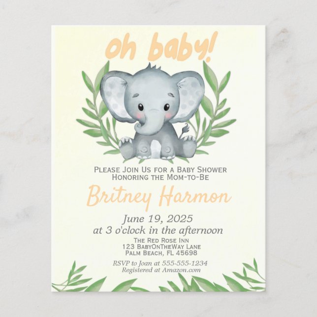 Papier Budget Vert Eléphant Baby shower neutre (Devant)