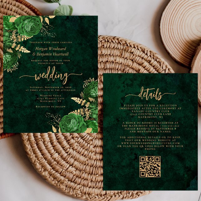 Papier Budget Vert Émeraude Or Floral Code QR Mariage (Créateur téléchargé)