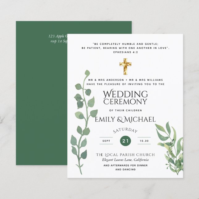 Papier Budget Vert Eucalyptus Mariage catholique Invitati (Devant / Derrière)