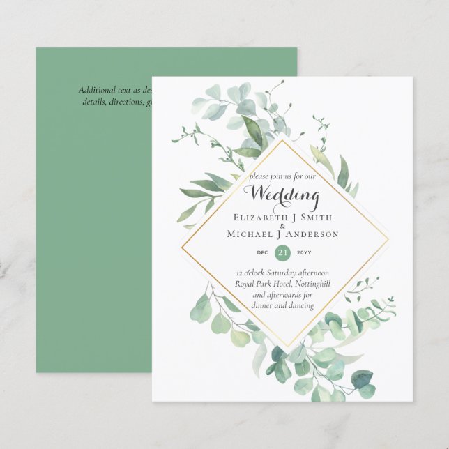 Papier Budget vert Eucalyptus Mariage Invite (Devant / Derrière)