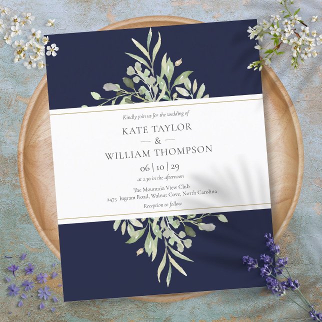 Papier Budget Vert Faire-part de mariage bleu marine (Budget Greenery Navy Blue Wedding Invitation)