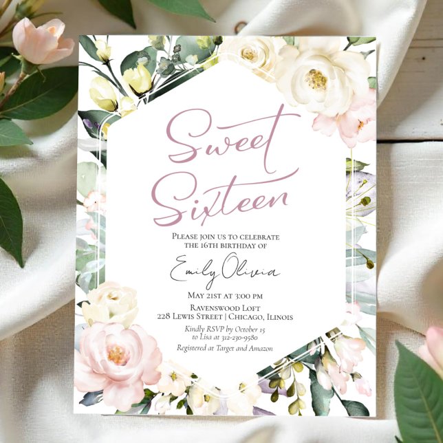 Papier Budget Vert Floral Frame Sweet 16 Invitation (Créateur téléchargé)