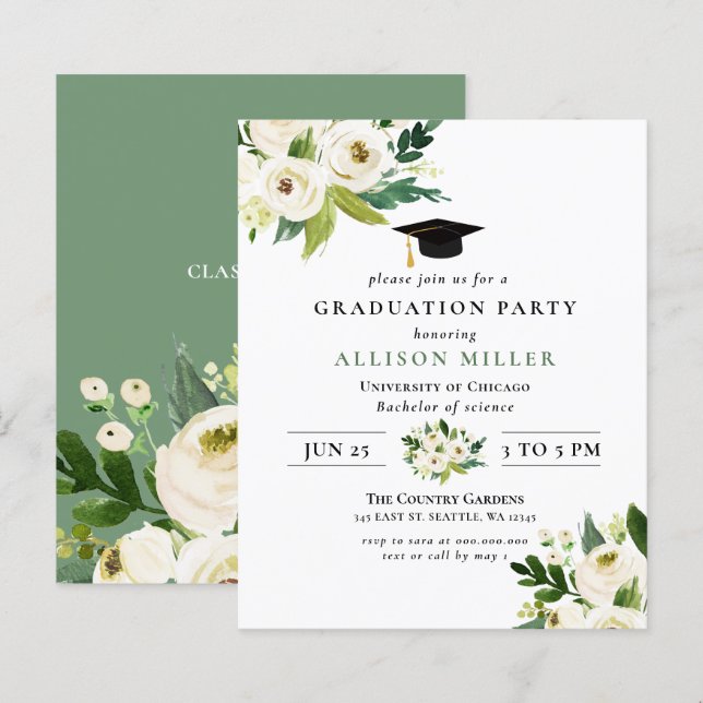 Papier Budget Vert Floral Graduation Invitation (Devant / Derrière)