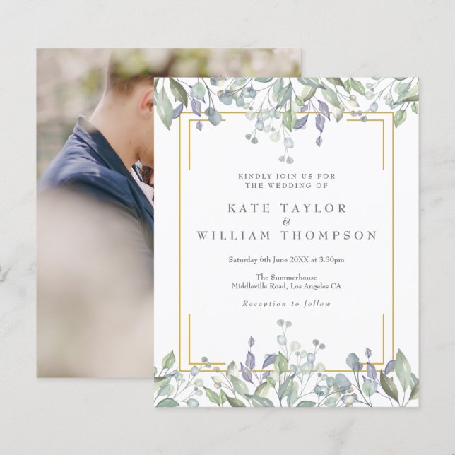 Papier Budget Vert Floral Mariage Photo Invitation (Devant / Derrière)