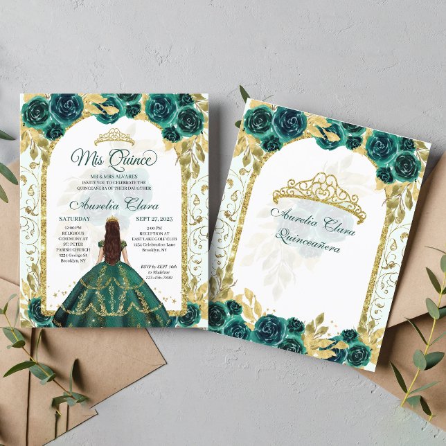 Papier Budget Vert Floral Princesse Or Arc Quinceanera (Créateur téléchargé)