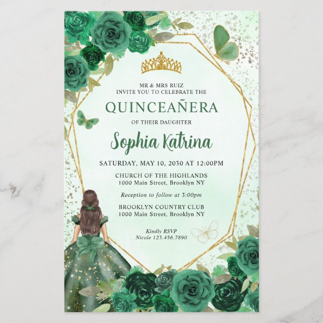Papier Budget Vert foncé Floral Or Princesse Quinceañera (Devant)