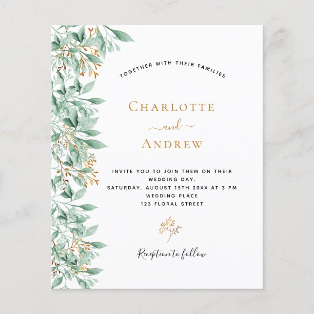 Papier Budget Vert mariage botanique fleuri or (Devant)