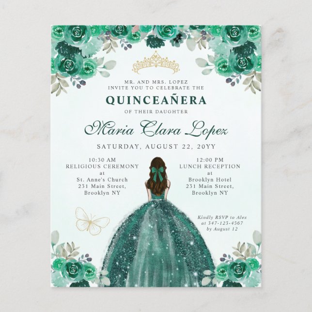 Papier Budget Vert Or Floral Glam Princesse Quinceañera (Devant)