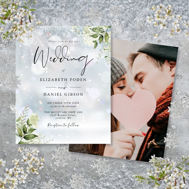 Papier Budget Vert Photo Hiver Mariage Invitation (Budget Greenery Photo Winter Wedding Invitation)