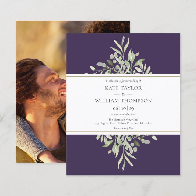 Papier Budget Vert violet Mariage Photo Invitation (Devant / Derrière)