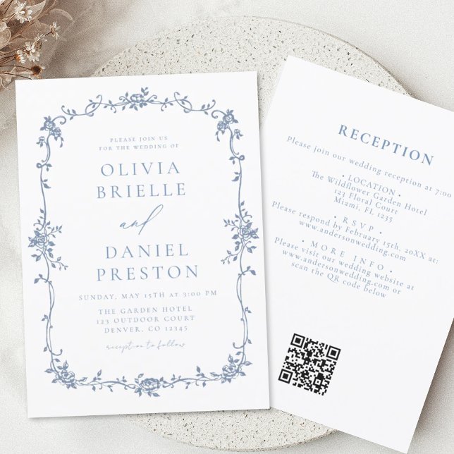 Papier Budget Victorien Français QR Code Mariage bleu (Créateur téléchargé)