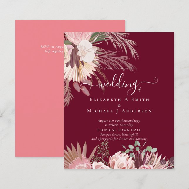 Papier BUDGET Vin Bourgogne Pampas Grass Mariage Tropical (Devant / Derrière)