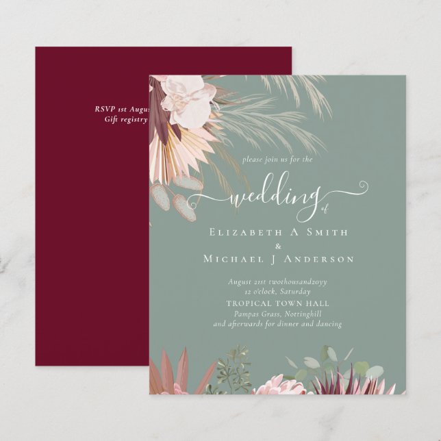 Papier BUDGET Vin Bourgogne Pampas Grass Mariage Tropical (Devant / Derrière)