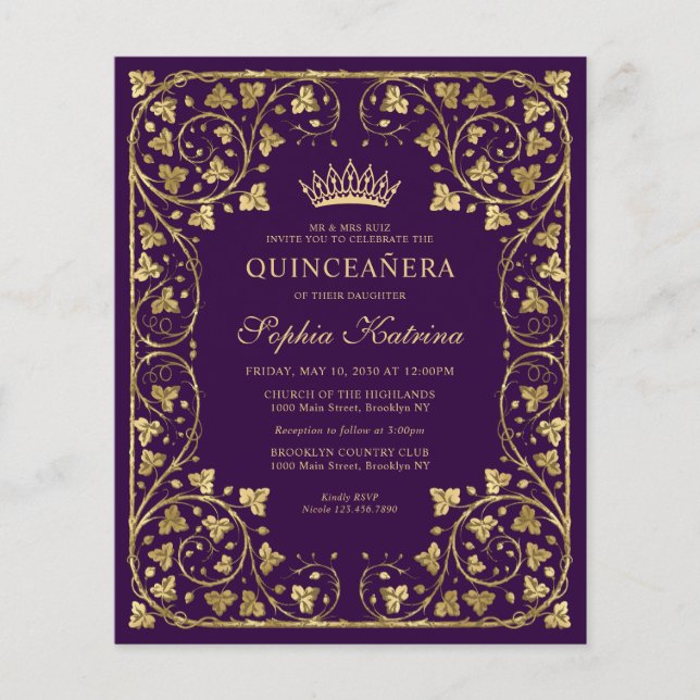 Papier Budget Violet Violet Floral Or Tiara Quinceanera (Devant)