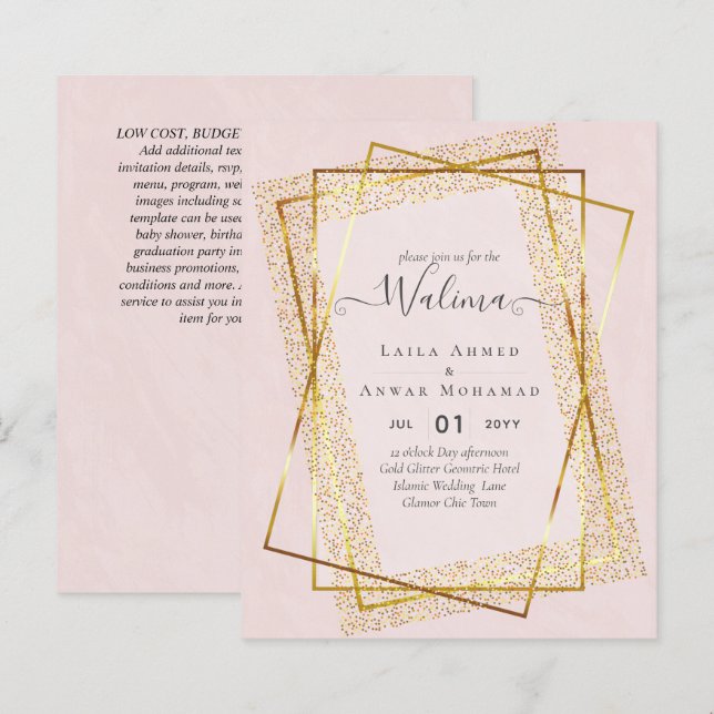Papier Budget Walima Musulman Mariage Gold Frame Invitati (Devant / Derrière)