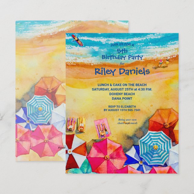Papier Budget Watercolor Beach Anniversaire Fête Invitati (Devant / Derrière)