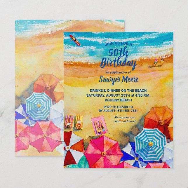 Papier Budget Watercolor Beach Anniversaire Fête Invitati (Devant / Derrière)