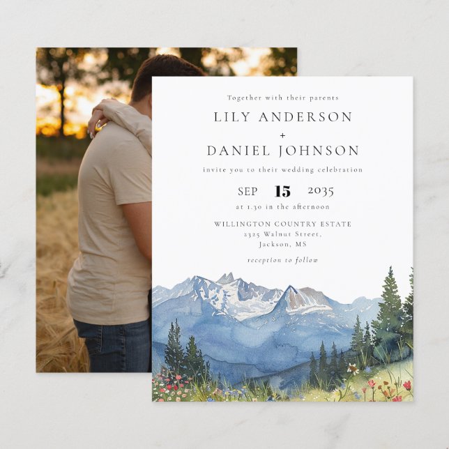 Papier Budget Watercolor Mountain Photo Wedding Invitatio (Devant / Derrière)
