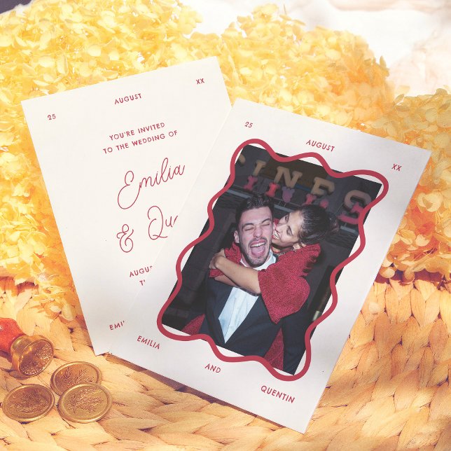 Papier Budget Wavy Frame Retro Photo Wedding Invitation (Créateur téléchargé)
