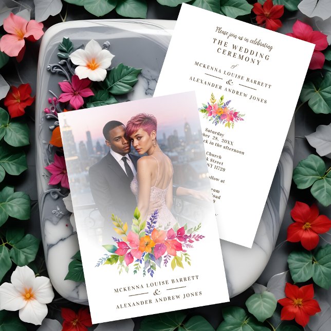 Papier Budget Wedding Pink Flowers & Branches Bouquet (Inexpensive Wedding Colorful Flowers & Foliage Garland Photo Invitations Cards with Envelope. )