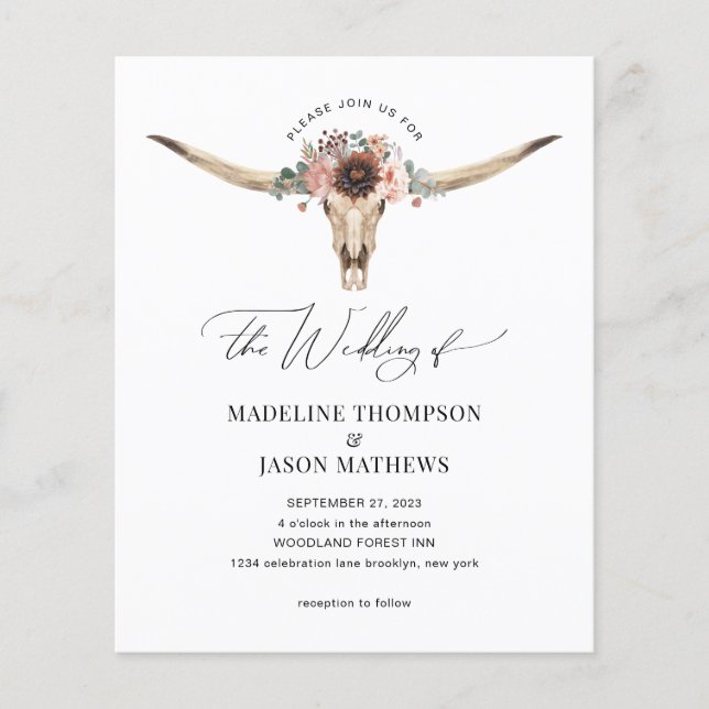 Papier Budget Western Bohemian Floral Cow Mariage crâne (Devant)